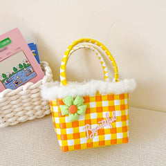 Girls Colorful Braided Basket Bag Handbag With Flower Plush for Holiday Party
