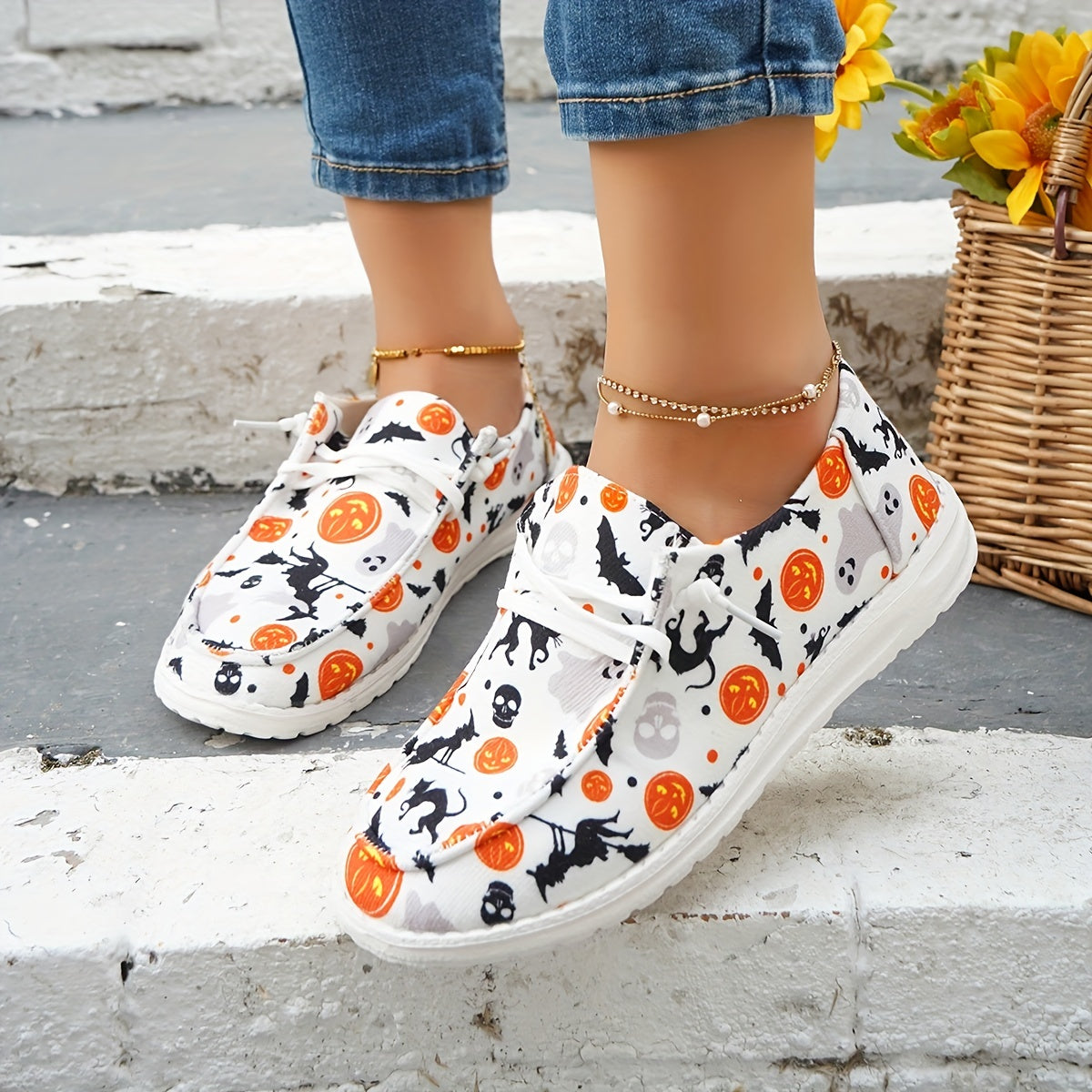 Women's Halloween Pumpkin Skull Print Flats Slip On Loafers