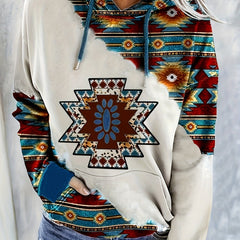 Ethnic Print Kangaroo Pocket Hoodie Long Sleeve Drawstring Hoodies