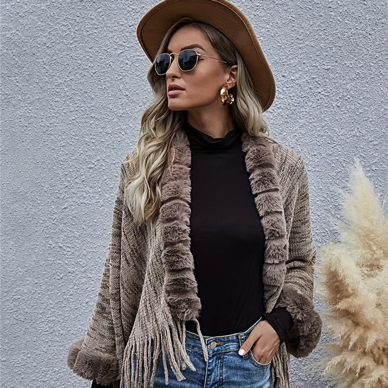Fur Collar Cardigan Solid Warm Tassel Shawl Wrap Windproof Striped Shawl Cape
