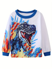 Boys Dinosaur Print Pajama Set Long Sleeve Round Neck Loungewear PJ