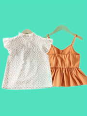 Girls 2pcs Floral Bow Knot Blouse & Cami Top Set Outfit