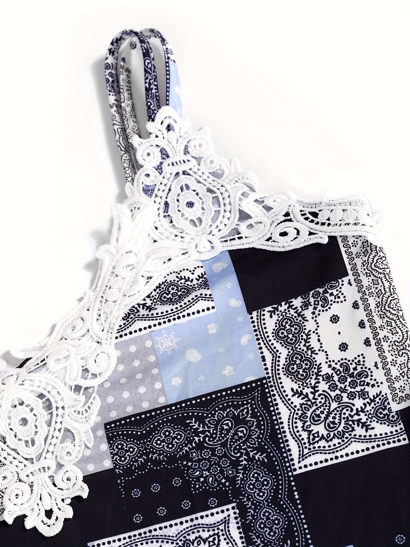 Retro Dress Patchwork Print Lace Trim A-line Cami Dress