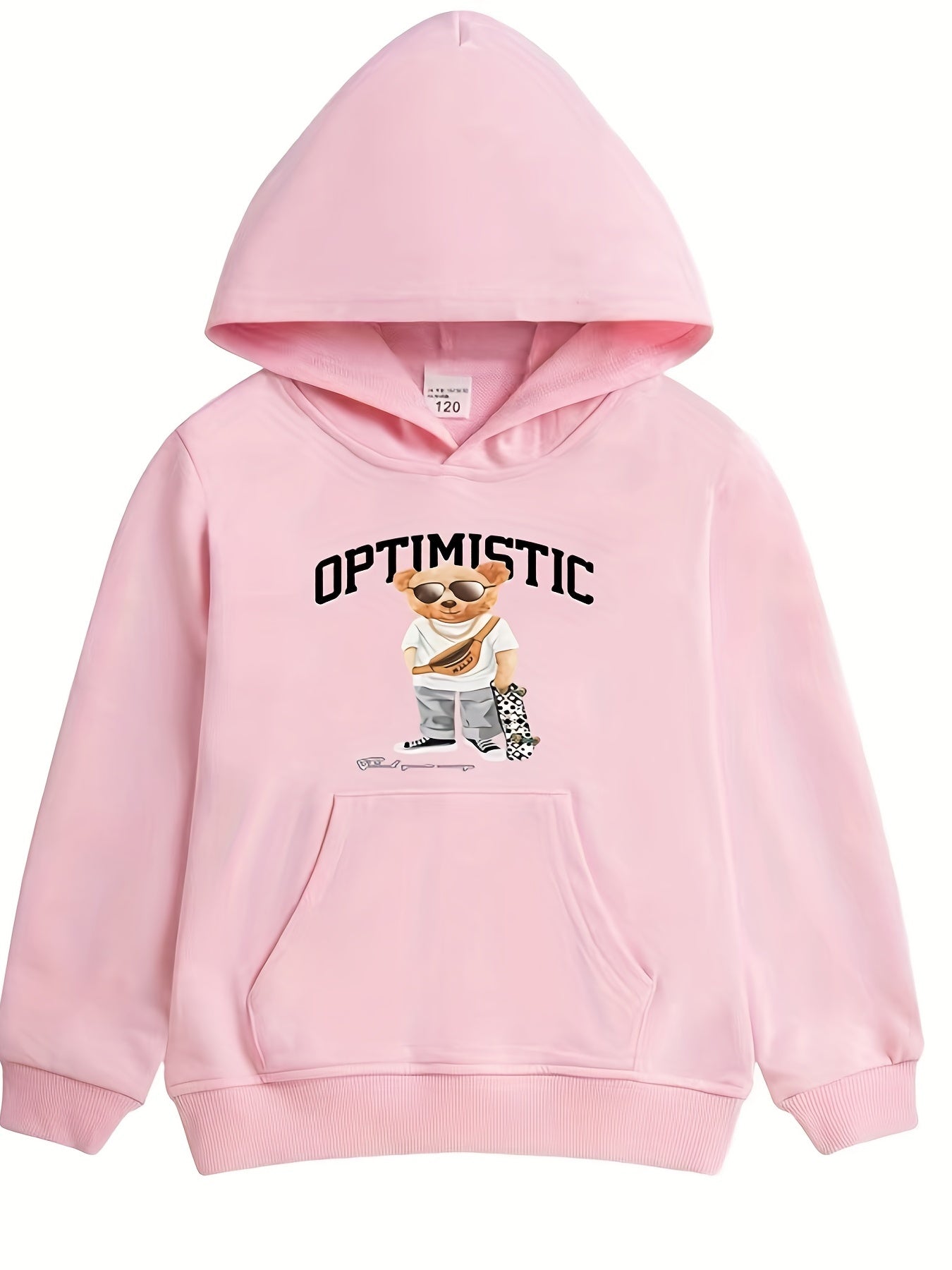 Skateboard Bear & OPTIMISTIC Letter Boys Hooded Sweatshirt