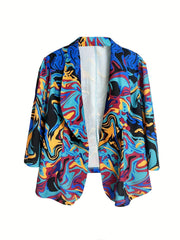 Abstract Stripe Print 3/4 Sleeve Blazer Women's Plus
