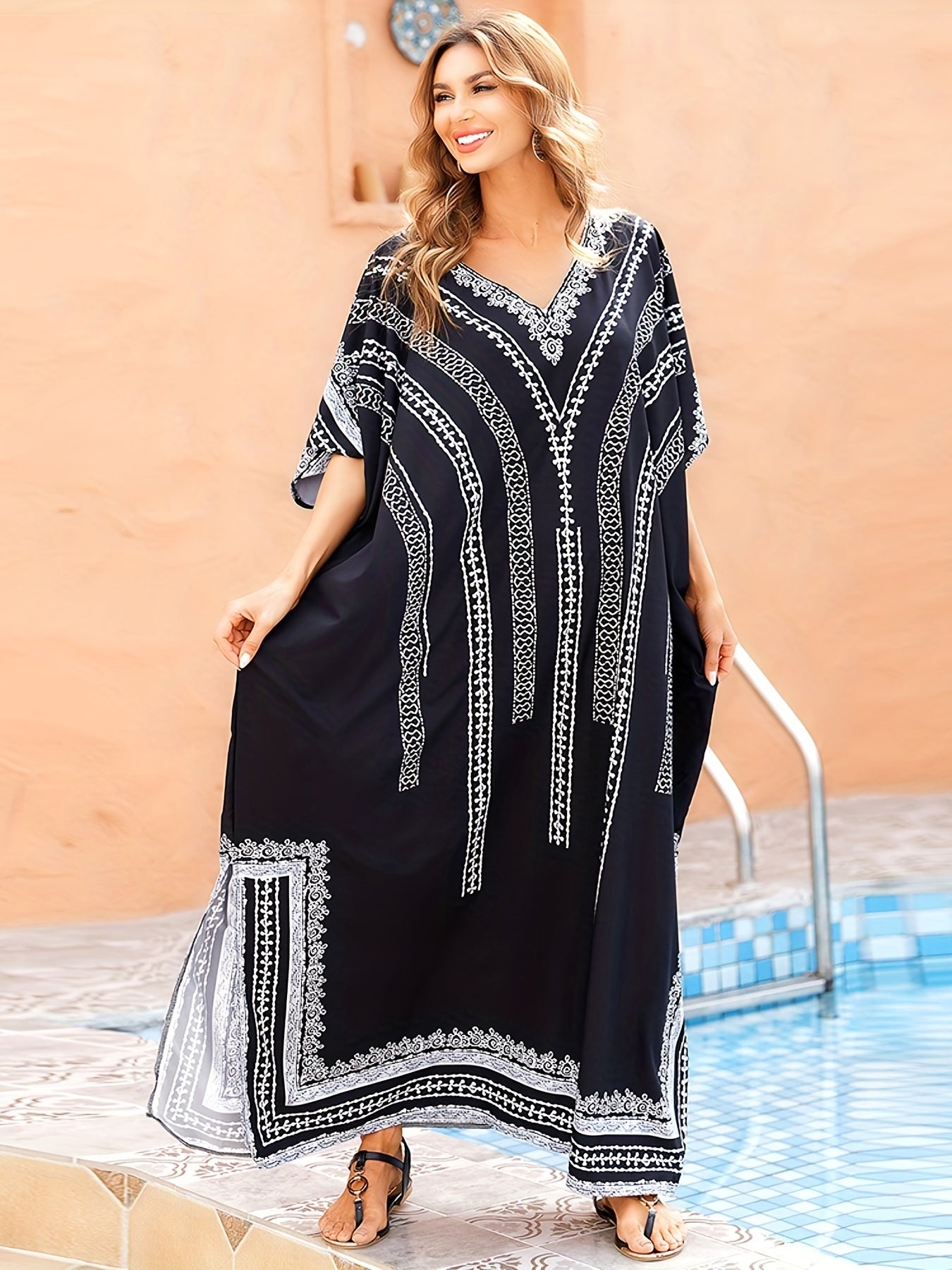 Boho Cover Up Dress Women's Plus Floral Print V Neck Stretch
