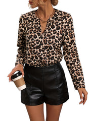 Leopard Print Notched Neck Button Bodysuit Long Sleeve