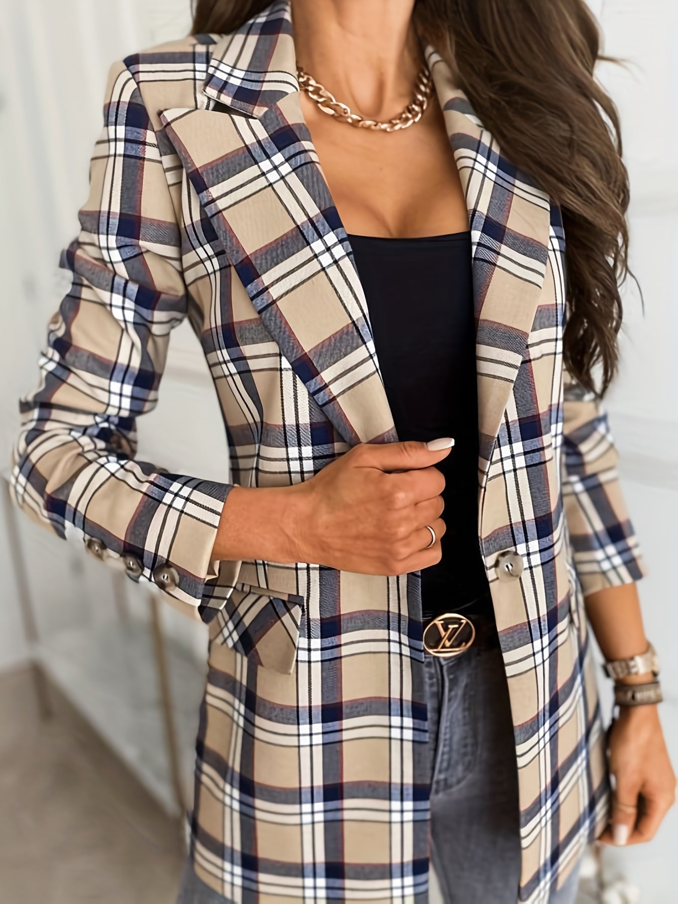 Women's Plus Plaid Print Blazer Long Sleeve