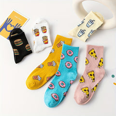 6 Pairs Cartoon Food Print Socks & Funny Mid Tube Socks Women's Stockings