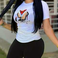 High Heel & Wineglass Print Tee & Solid Slim Shorts Set