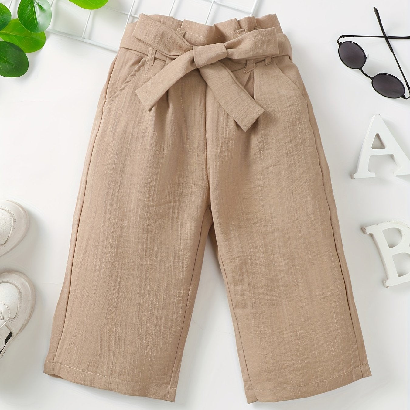Kid Girls Khaki Cotton Linen Wide Leg Cropped Pants