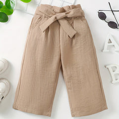 Kid Girls Khaki Cotton Linen Wide Leg Cropped Pants