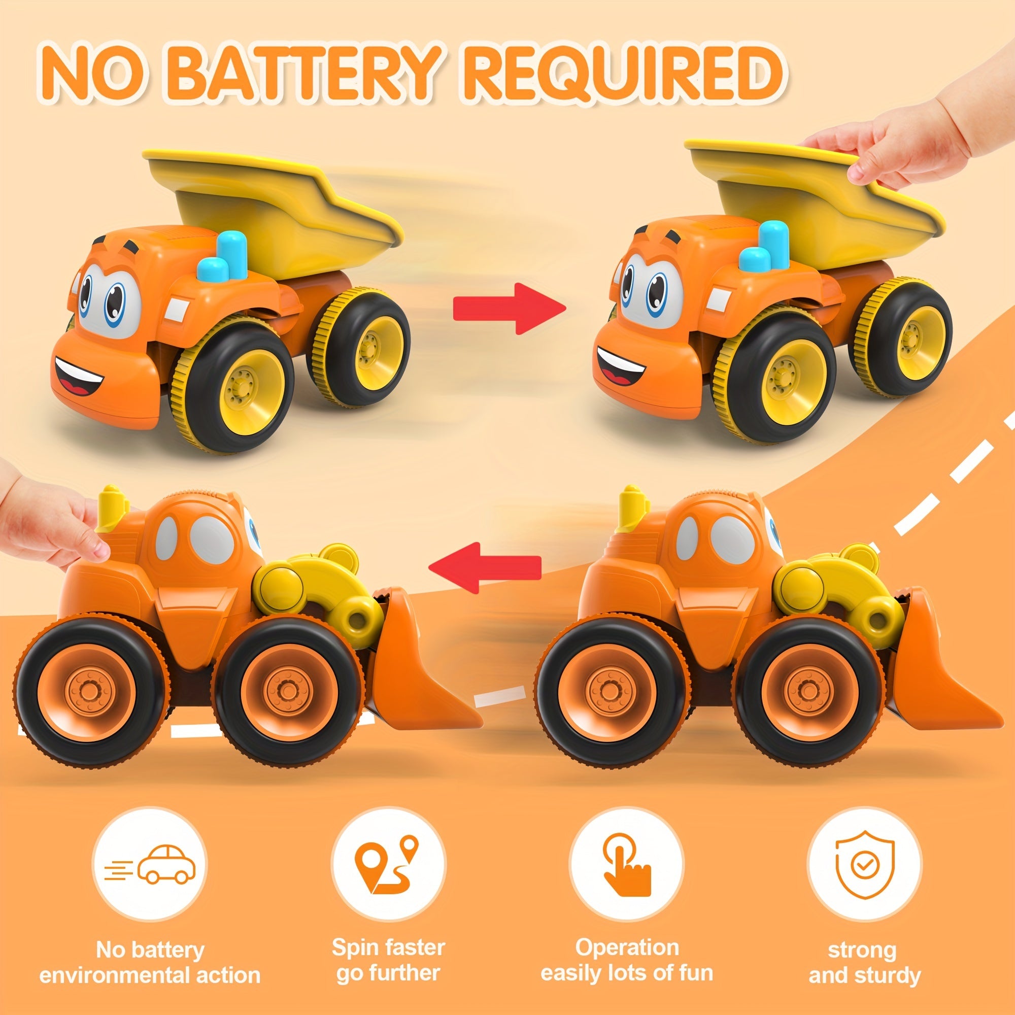 Cartoon Construction Vehicles Toy Set For Toddlers 3 Different Styles Of Orange