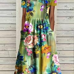 Floral Print Short Sleeve Midi Dress With Pockets