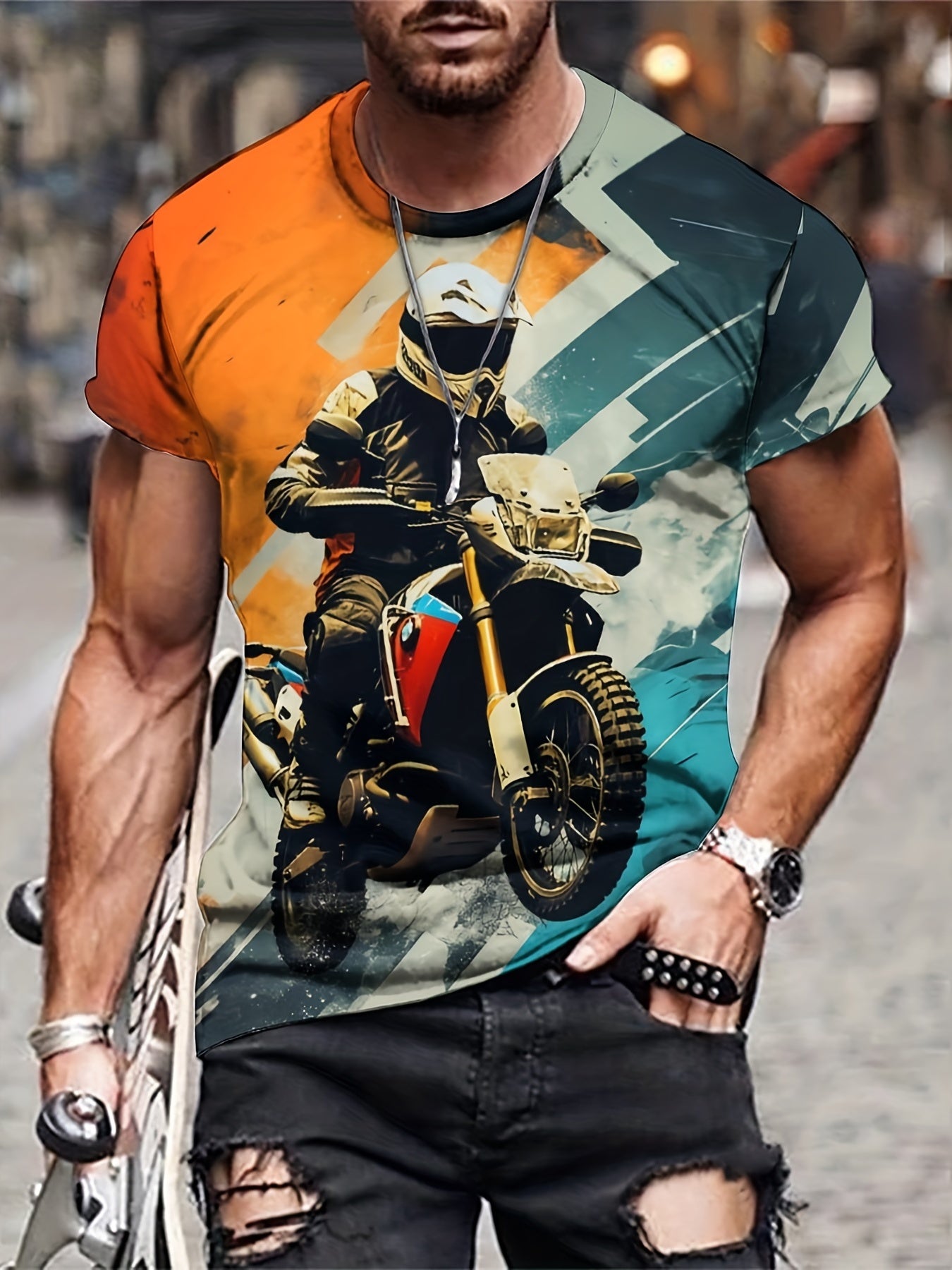 Men's Motorbiker Graphic Tee Casual Stretch Breathable