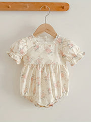 Baby Girl Ruffle Floral Romper With Lace Up Neck
