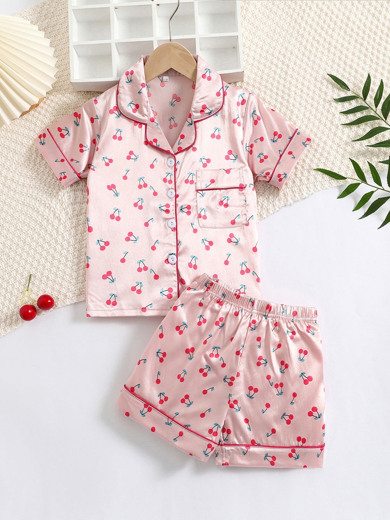 Girls Cherry Print Satin Pajama Set with Lapel Neck