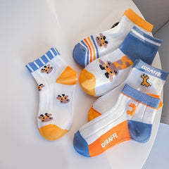 5 Pairs Boys Cartoon Giraffe Print Knit Socks Thin Breathable Crew Socks