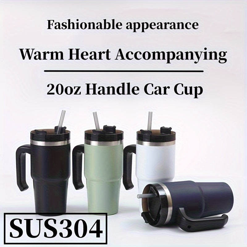 20oz Stainless Steel Insulated Car Cup with Handle Straw