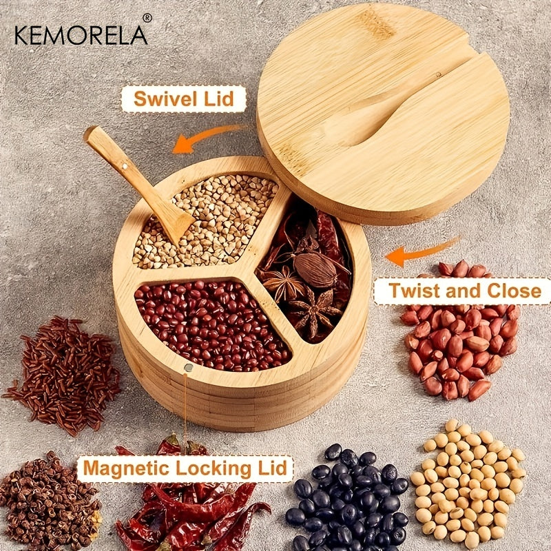 Rotating Bamboo Seasoning Box with Spoon for Spices Sugar Salt Kitchen Gadget