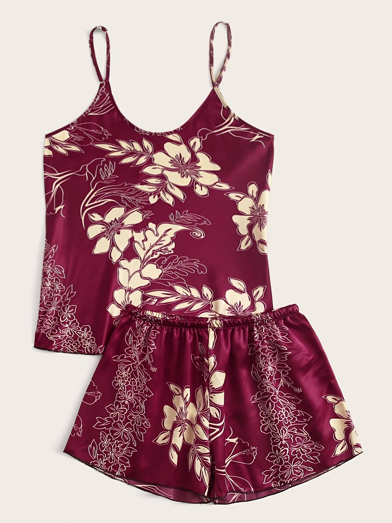 Floral Satin Pajama Set Retro Style Cami Top & Shorts