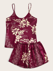 Floral Satin Pajama Set Retro Style Cami Top & Shorts