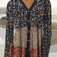 Colorblock Ditsy Print Cardigan