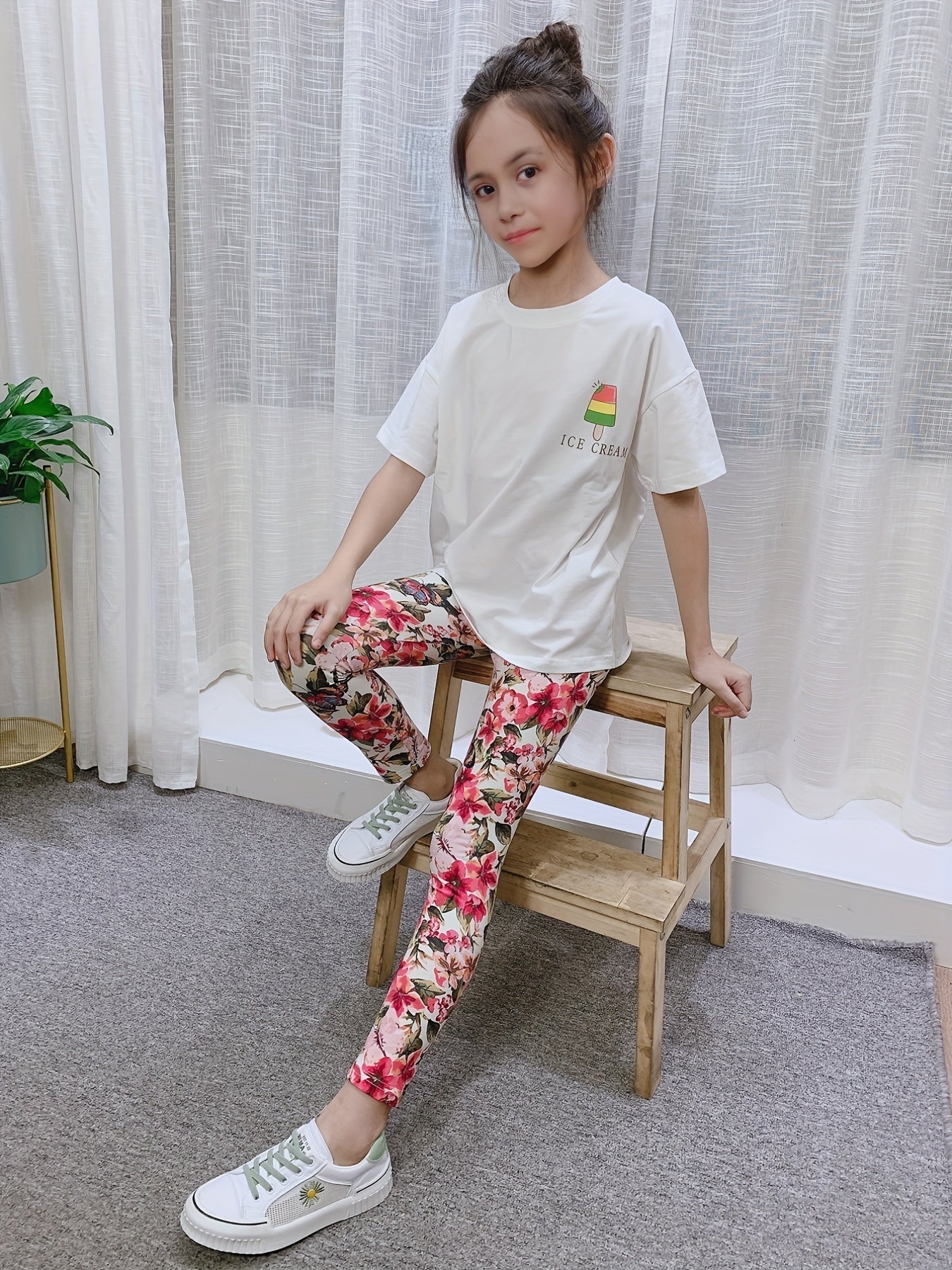 Girls' Floral Print Leggings Pants - Thin & Breathable for Summer