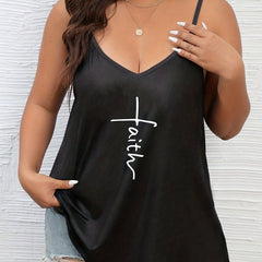 Casual Cami Top Women's Plus Cross & Letter Print V Neck
