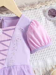 Girls Princess Dress Puff Sleeve Tulle Ribbon Print Halloween Party