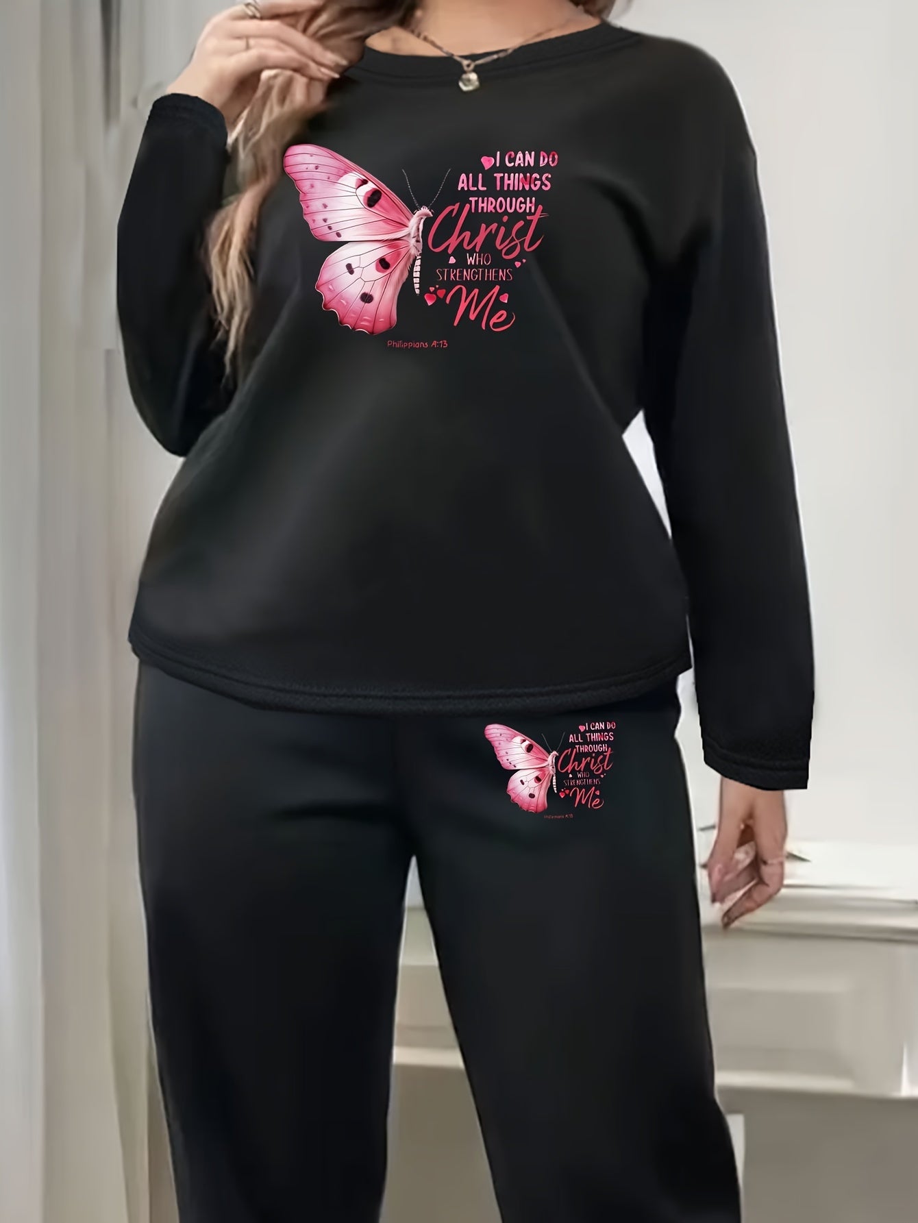 Plus Size Lounge Set Women's Butterfly Print Fleece Top & Joggers Pajamas
