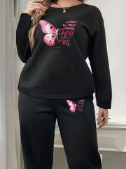 Plus Size Lounge Set Women's Butterfly Print Fleece Top & Joggers Pajamas