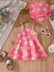 2pcs Baby Girls Daisy Print Suspender Dress Hat Set