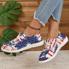 Women's Flag Pattern Boat Shoes Lace Up Patriotic Canvas Shoes Low Top
