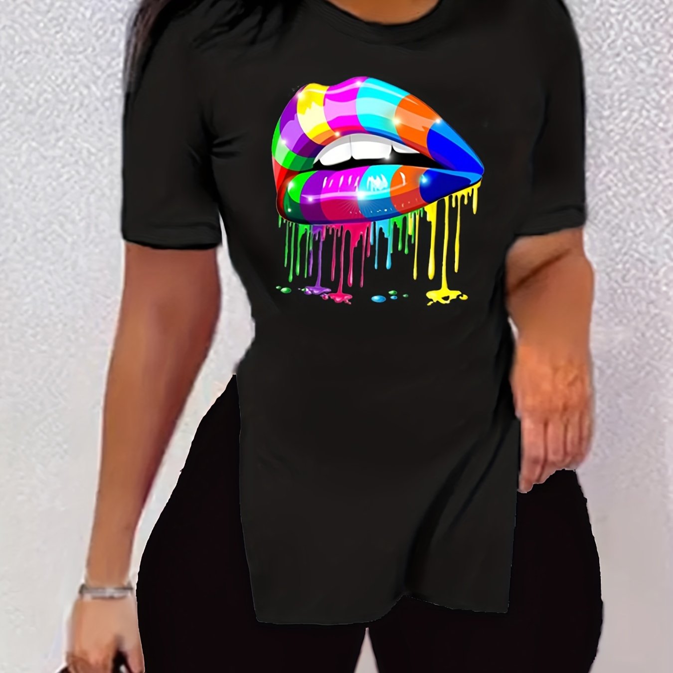 Casual Lip Print Short Sleeve T-shirt & Skinny Shorts Set