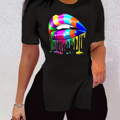 Casual Lip Print Short Sleeve T-shirt & Skinny Shorts Set