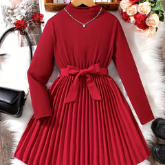 Girls Mock Neck Belted Long Sleeve Knit Top Pleated Dress