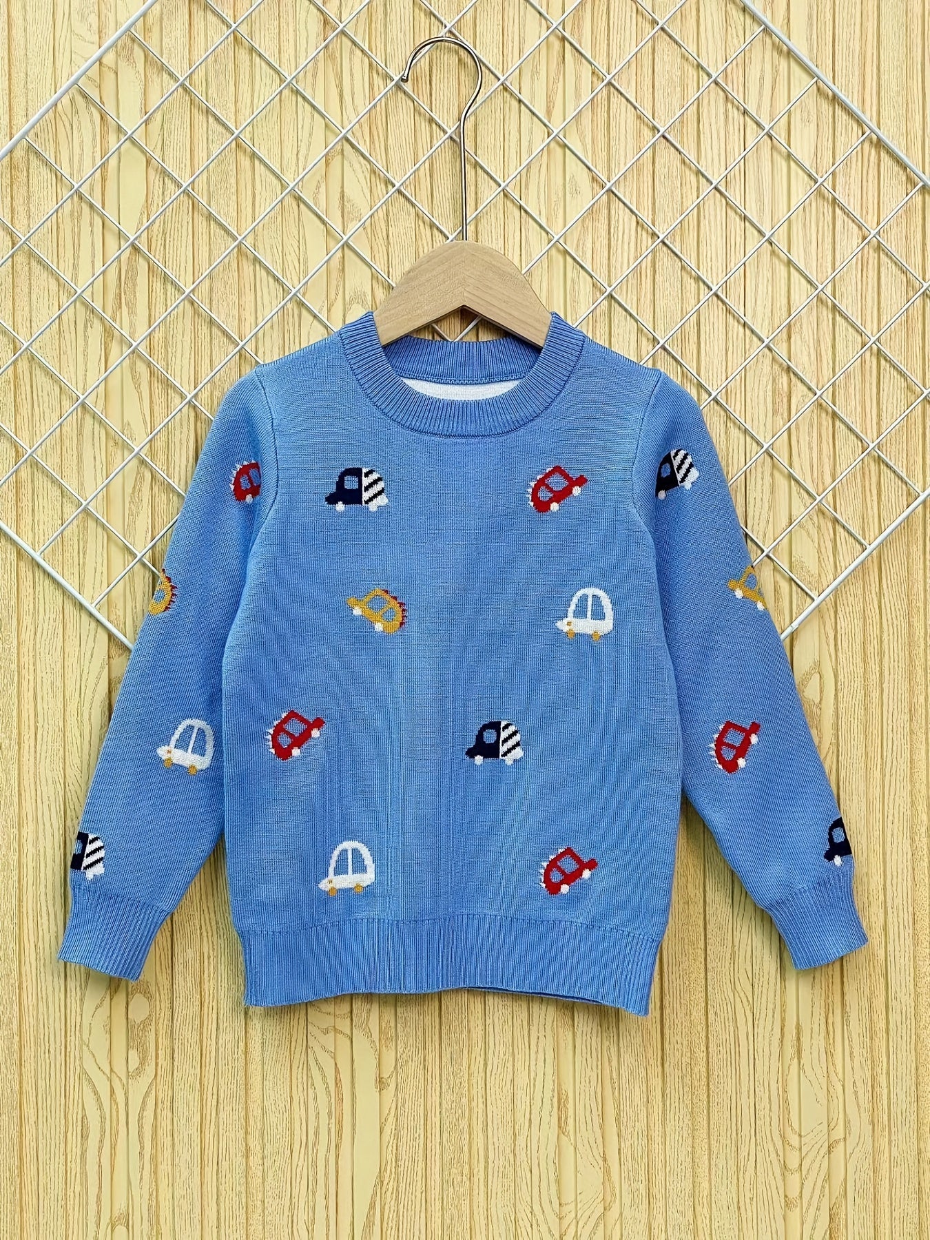 Kids Knit Sweater Cartoon Cars Graphic Print Pullover Sweater Tops