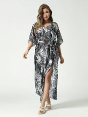 Tropical Print V Neck Bat Sleeve Cover Up Dress