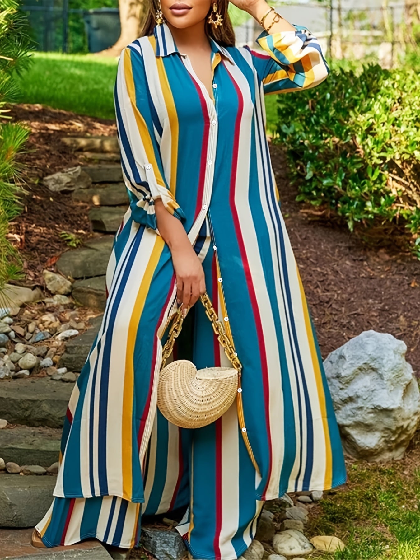 Colorblock Stripe Print Button Up Shirt & Pants Set