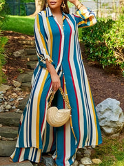 Colorblock Stripe Print Button Up Shirt & Pants Set