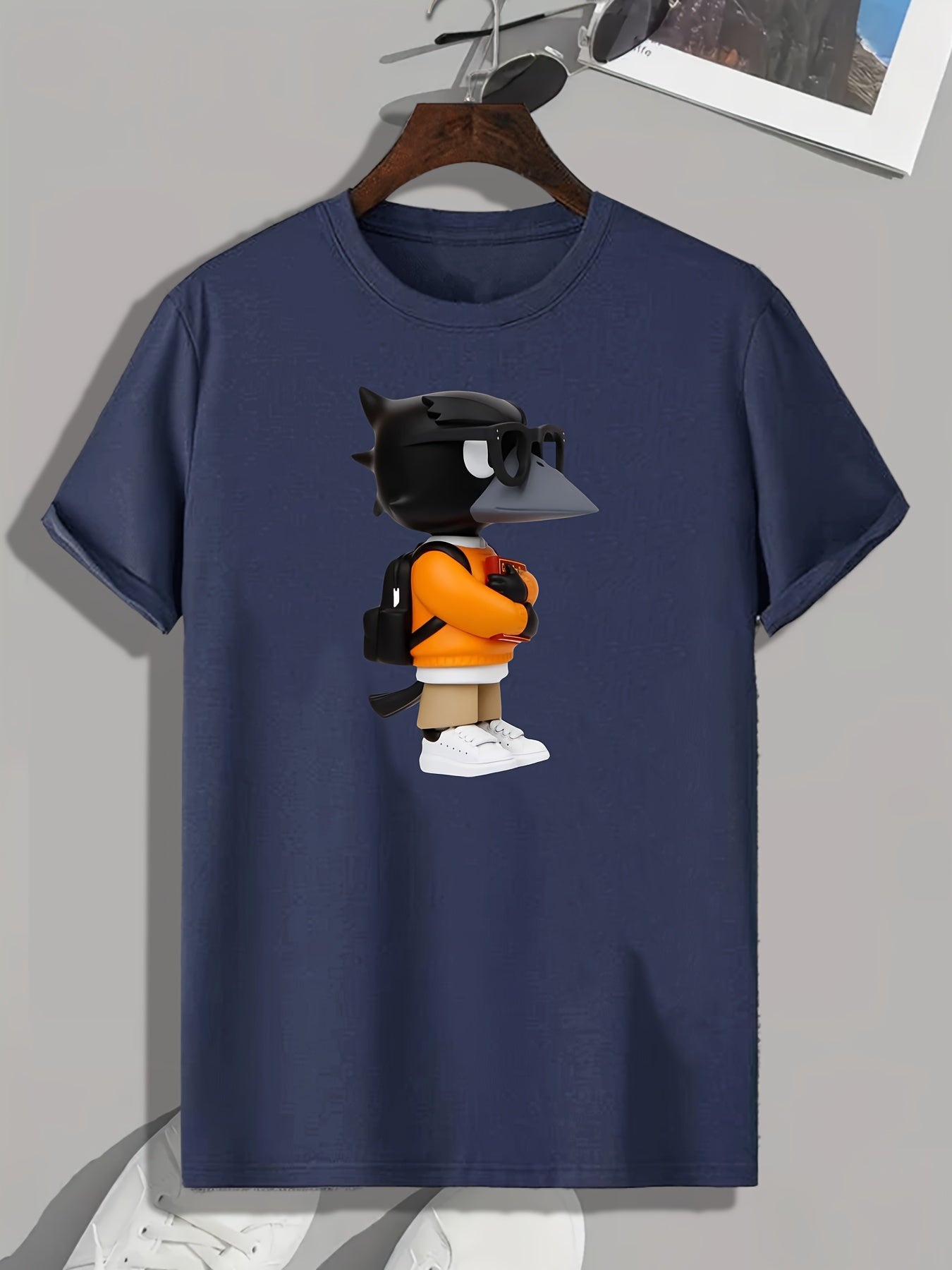 Cartoon Crow Print Men's Comfy T-shirt for Outdoor Summer