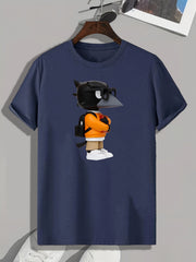 Cartoon Crow Print Men's Comfy T-shirt for Outdoor Summer