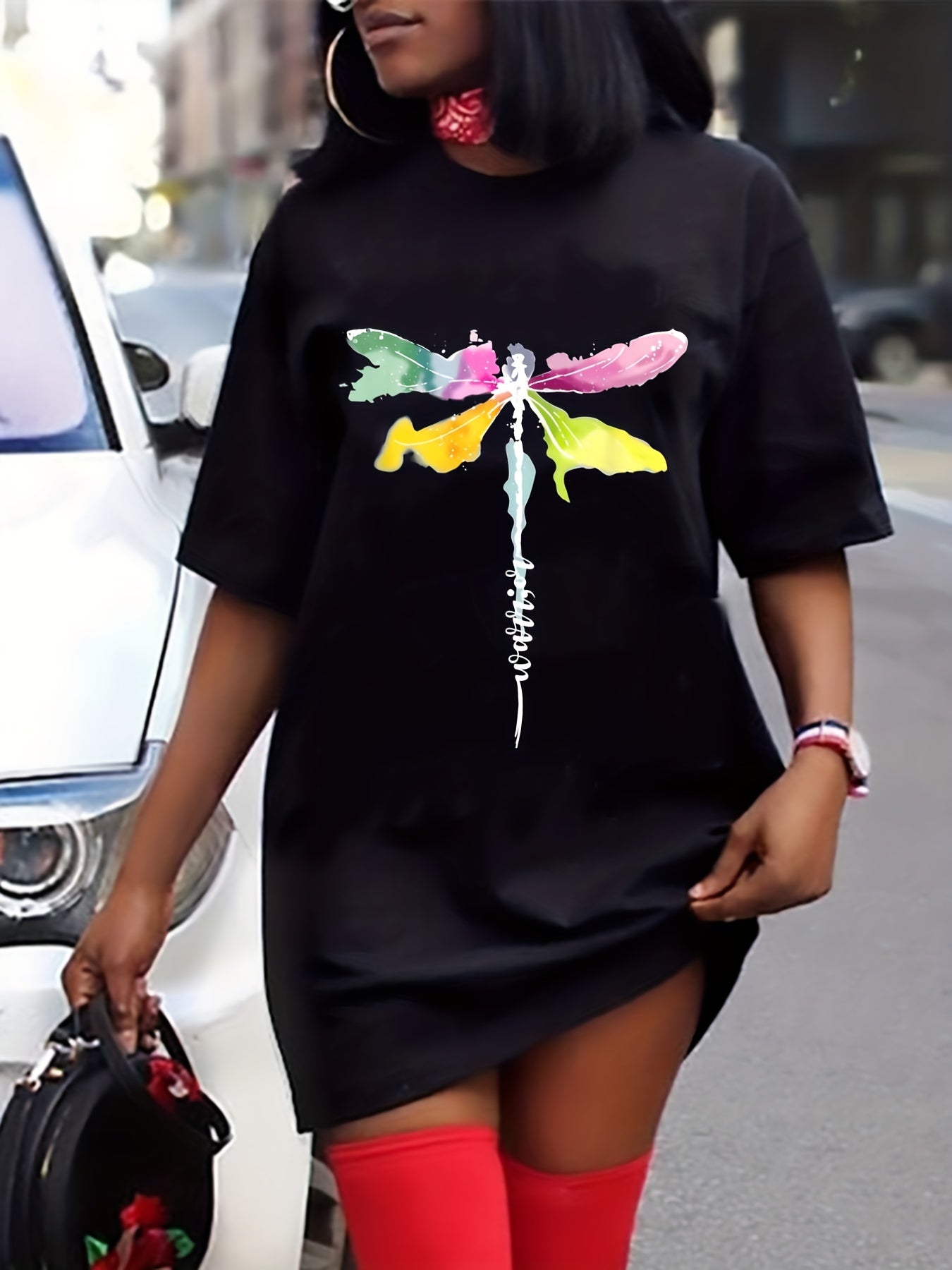 Dragonfly Print Short Sleeve Tee Dress