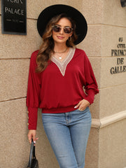 Lace V Neck Button Top Long Sleeve Spring/Fall Casual Women's Clothing