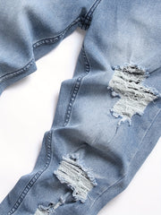 Slim Fit Ripped Cotton Jeans Men's Casual Street Style Distressed Denim Pants