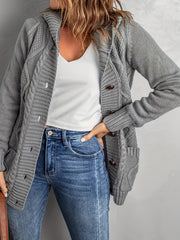 Solid Button Up Cable Long Sleeve Hooded Cardigan With Pockets