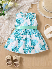 Baby Girls Leaf Graphic Print Belted Dress