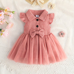 Baby Girls Casual Mesh Stitching Bow Decor Dress For Summer Holiday