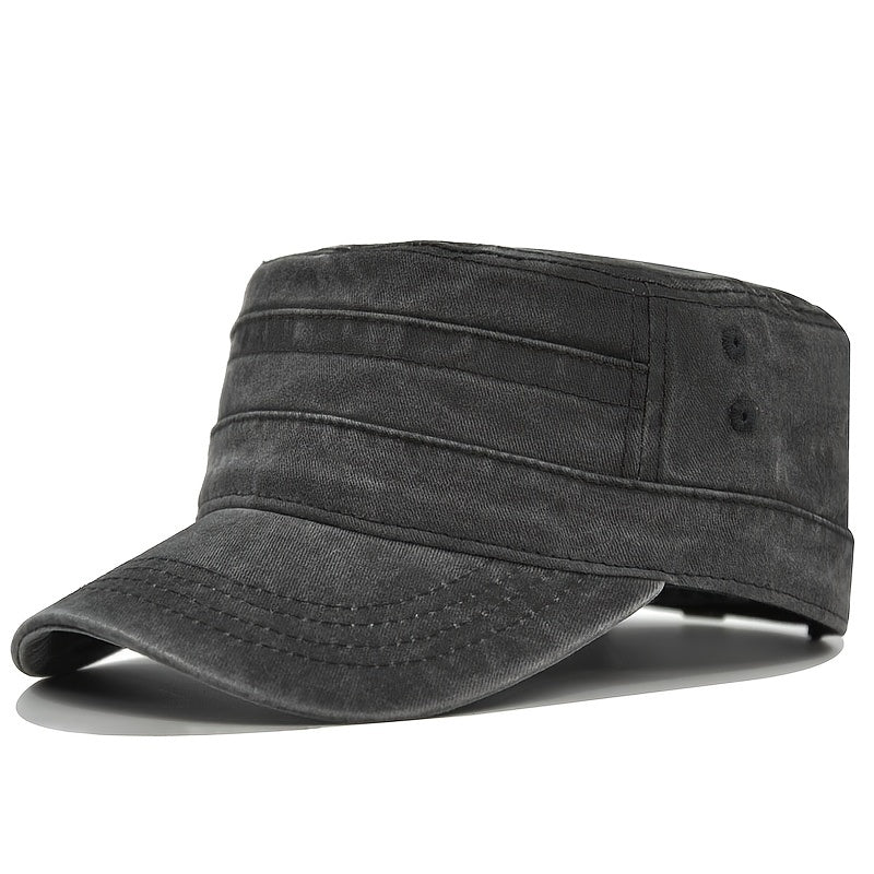 Vintage Washed Cotton Military Cadet Flat Top Cap Adjustable Hat